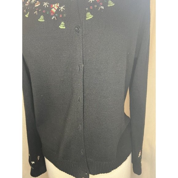 CHARTER CLUB Christmas Women's Cardigan Sweater Button up Size Medium Black - Picture 10 of 16